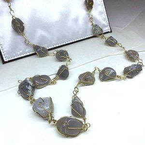 Vintage Long Length Necklace | Brass Toned Wire Wrapped Natural Stones